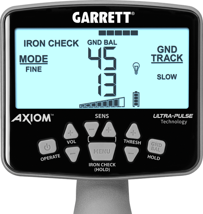 Garrett Axiom Metal Detector W/ 13"x11" Mono & 11"x7"DD Search Coil